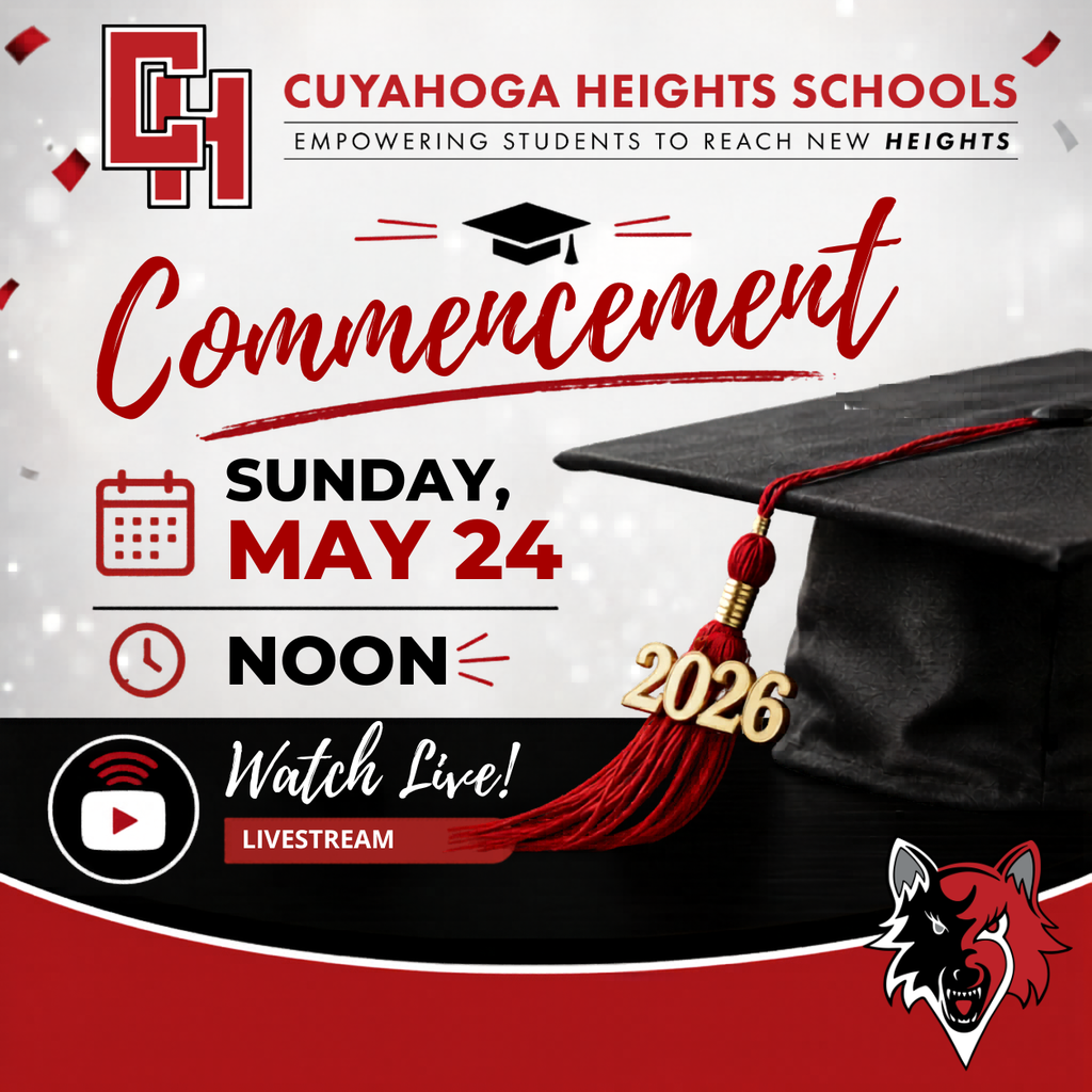🎓 Join us as we celebrate the Cuyahoga Heights High School Class of 2026!  Commencement will take place on Sunday, May 24 at 1 p.m. and will be livestreamed for family, friends, alumni, and community members who are unable to attend in person.  📺 Watch Live: https://youtube.com/live/fEhnVP_2ous?feature=share  Congratulations to the Class of 2026! ❤️🖤