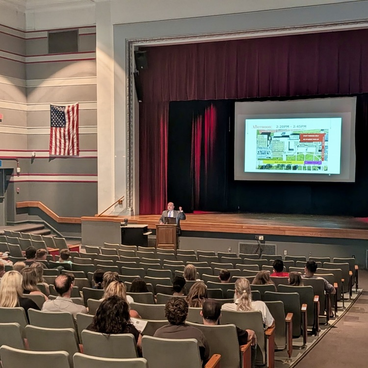 Scott DeTray, principal of CHMS/HS addresses new students and families at orientation  