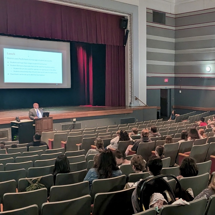 Scott DeTray, principal of CHMS/HS addresses new students and families at orientation. 