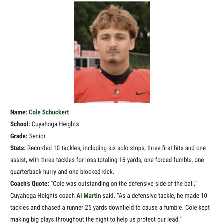 Cole Schuckert Player of the Week
