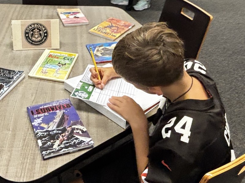 Student ranks books. 