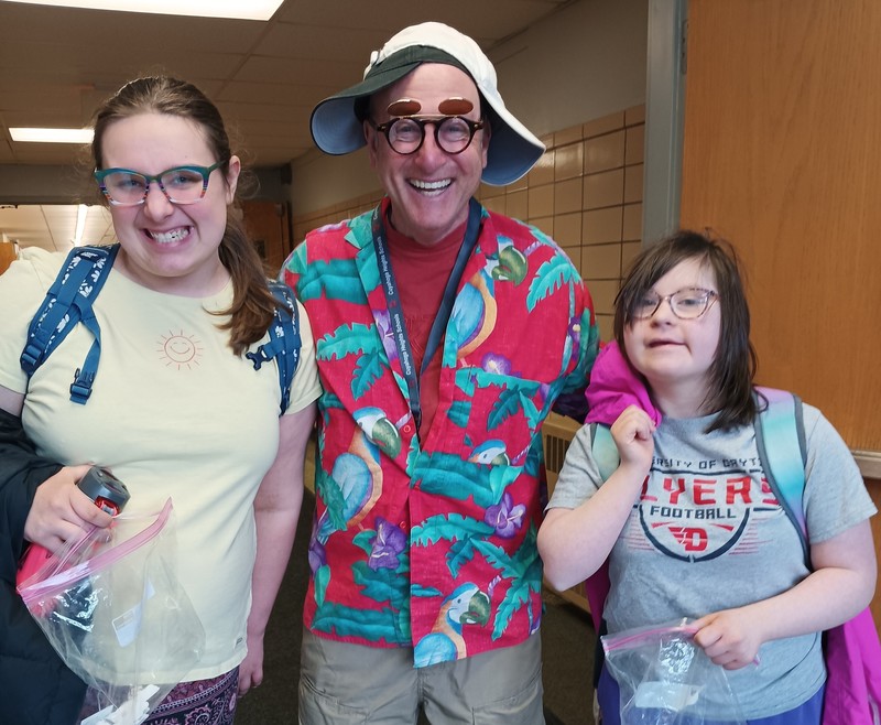 Long-term substitute teacher Pete Behnke gets acquainted with students during Mismatch Day.&nbsp;