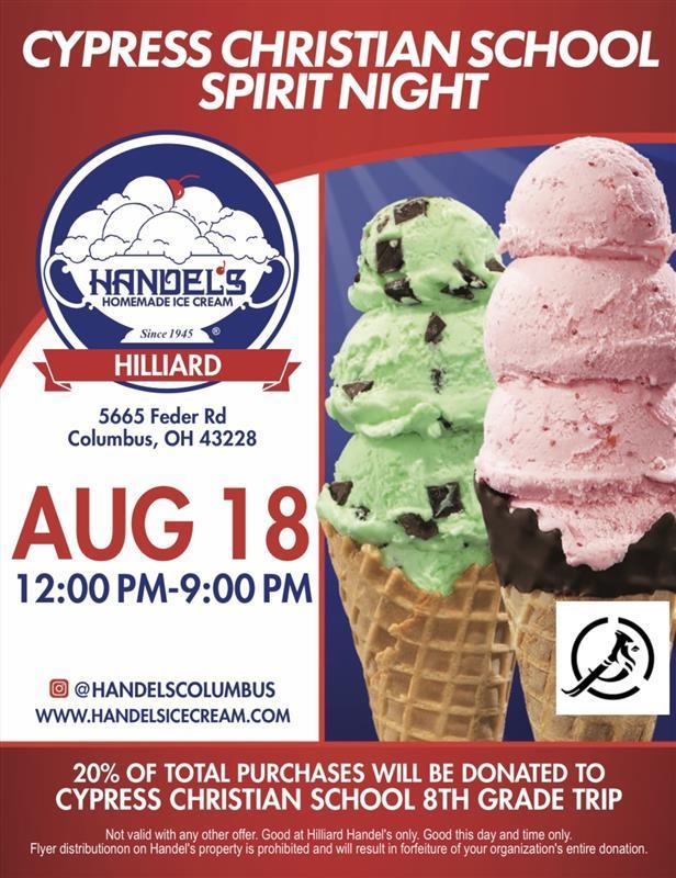 Handel's 8th Grade Trip Fundraiser Flyer - call the school office for details.