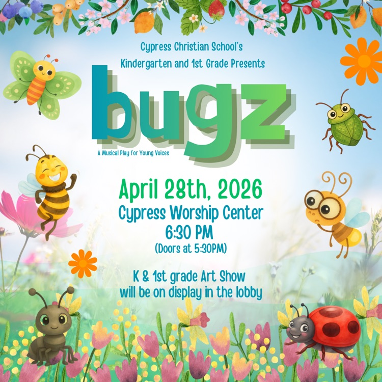 Next Tuesday, our kindergarten and first grade students take the stage to perform "Bugz"! Be sure to also check out the K/1 Art Show that will be on display in the Worship Center lobby. 🖼️