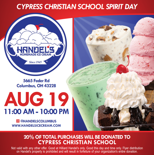 Flyer for Handel's Ice Cream Fundraiser August 19 - Call the School Office for details