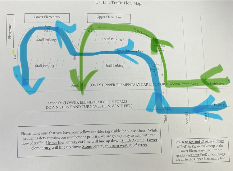 Map of the Elementary parking lot with blue highlighting for lower car pick up and green highlighting for upper car line pick up.