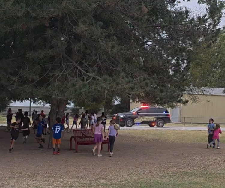 Elementary dance party on the playground.