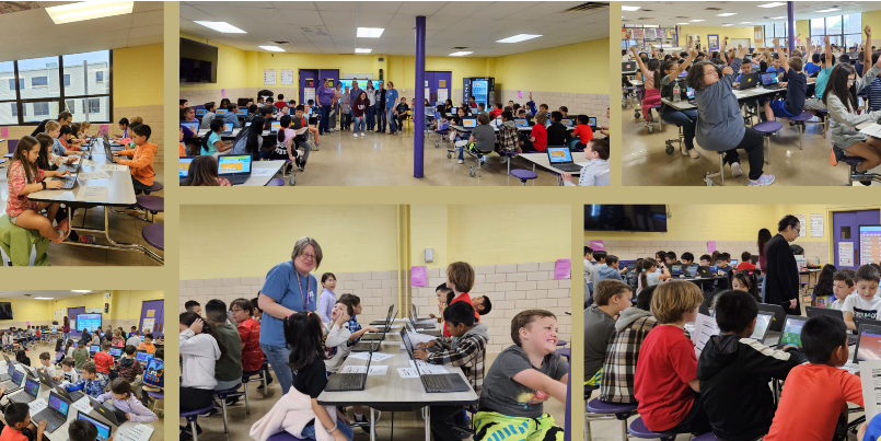 Photo collage of 3rd grade students reviewing for the STAAR test together in the cafeteria.