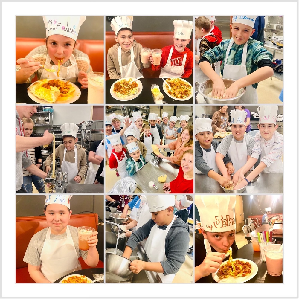 Photo collage of DIS Gifted and Talented students making pasta with the DHS Culinary Class.
