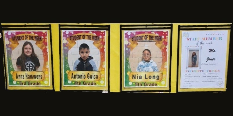 Photo of Students and Staff Member of the Week, April 12. 3rd grade, Anna Hammons-Bohlender; 4th grade Antonio Guico; 5th grade, Nia Long; and Ms. Carla Jones, Assistant Principal.
