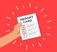 Clip art of a student's arm holding a piece of paper that says Report Card A+ A+ F