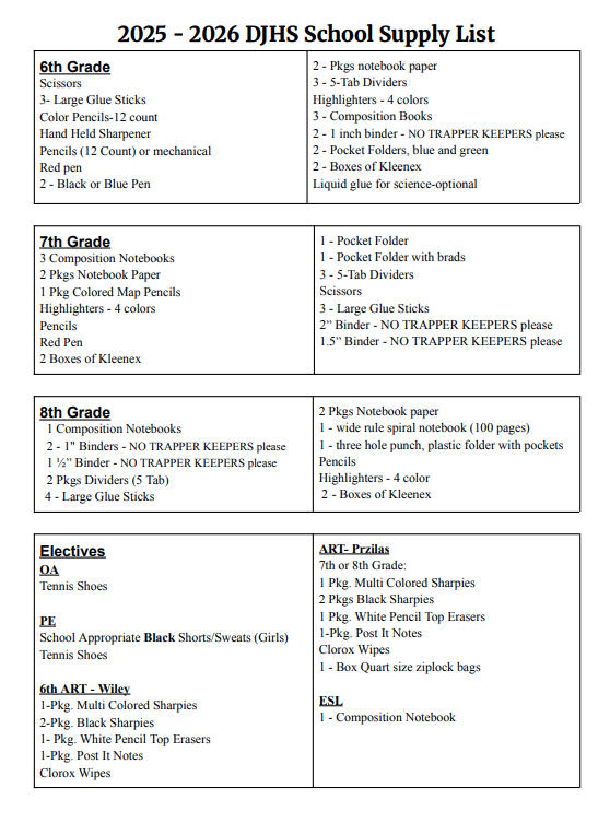 DJHS School Supplies 2025-2026