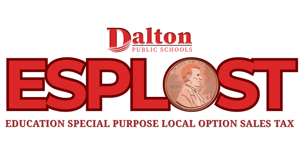 “Dalton Public Schools ESPLOST logo featuring the red Dalton Public Schools wordmark above the large bold red letters ‘ESPLOST.’ The letter ‘O’ is replaced with an illustration of a penny showing Abraham Lincoln’s profile. Below the main text is the subtitle ‘Education Special Purpose Local Option Sales Tax’ in red capital letters.”