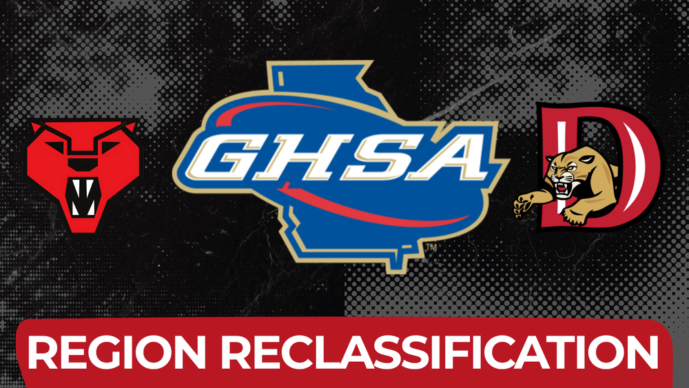 Graphic showing the GHSA (Georgia High School Association) logo centered between two school logos — the red Dalton Academy wolf logo on the left and the Dalton High School “D” with a cat logo on the right. The background is black with a dotted pattern, and a red banner at the bottom reads “Region Reclassification” in bold white text.
