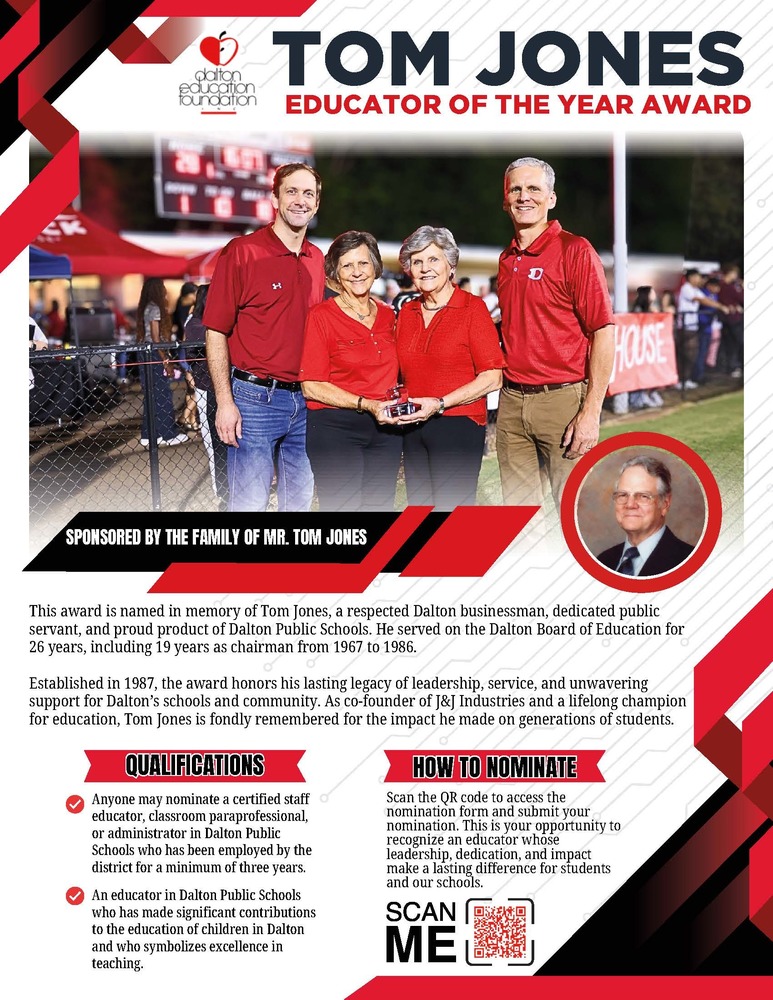 Dalton Education Foundation Now Accepting Nominations for Tom Jones Educator of the Year Award