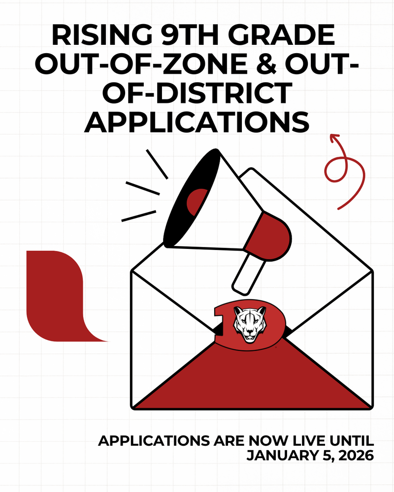 āRising 9th Grade Out-of-Zone & Out-of-District Applications.ā An illustrated envelope with a megaphone and a red letter featuring a tiger logo symbolizes an announcement. Text at the bottom reads, āApplications are now live until January 5, 2026.ā