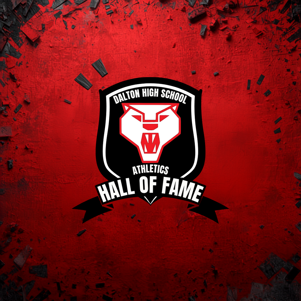 Dalton High School Athletics Hall of Fame logo featuring the Dalton High School Catamount head in red and white inside a black shield with the words "Dalton High School" at the top, "Athletics" in the center, and "Hall of Fame" across a ribbon at the bottom. The logo is displayed on a textured red background with black accents.