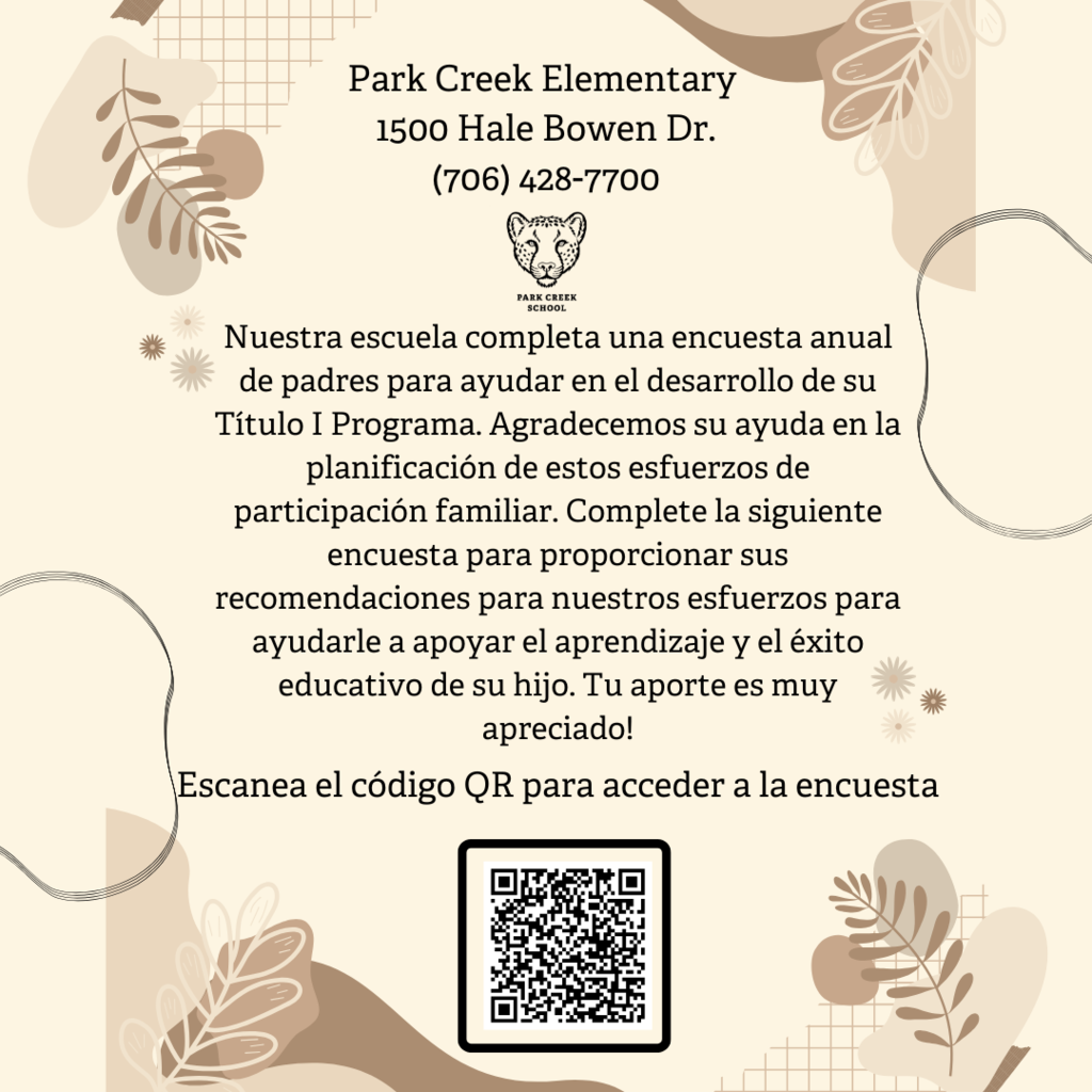 Nuestra escuela completa una encuesta anual de padres para ayudar en el desarrollo de su Título I Programa. Agradecemos su ayuda en la planificación de estos esfuerzos de participación familiar. Complete la siguiente encuesta para proporcionar sus recomendaciones para nuestros esfuerzos para ayudarle a apoyar el aprendizaje y el éxito educativo de su hijo. Tu aporte es muy apreciado!