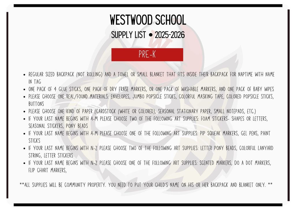 Pre-K School Supply List 2025-2026-English