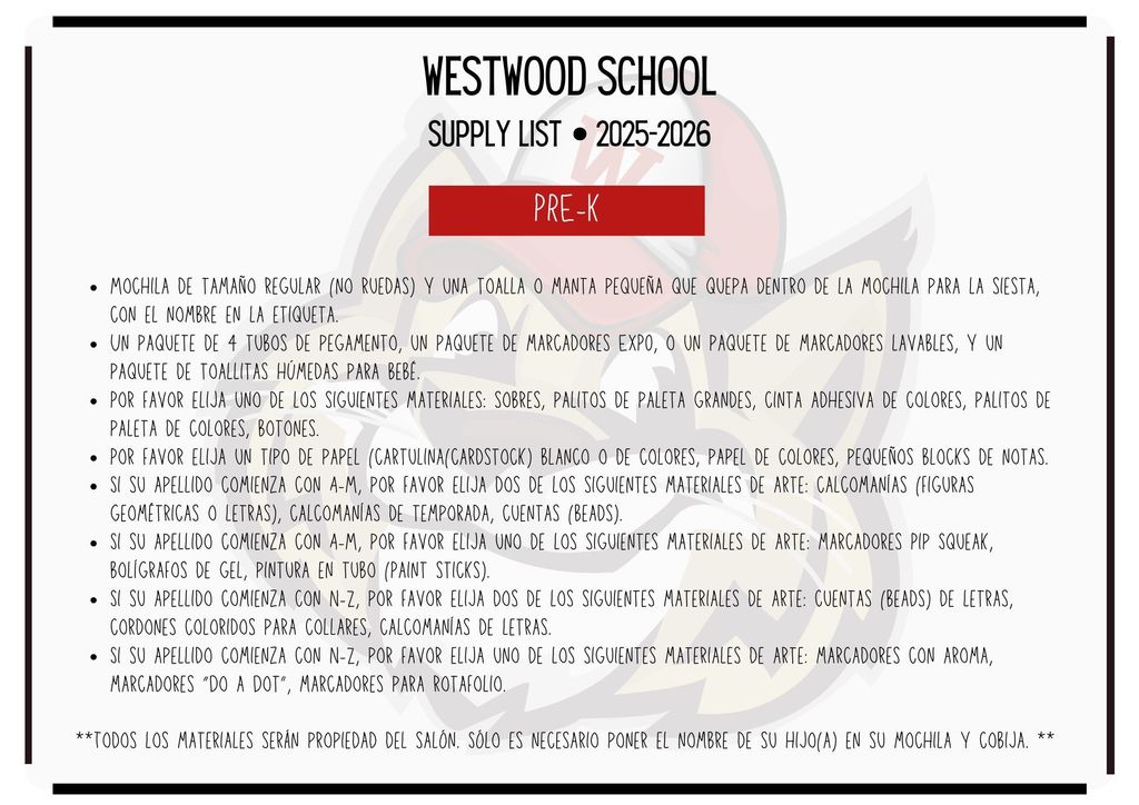 Pre-K School Supply List 2025-2026-Spanish