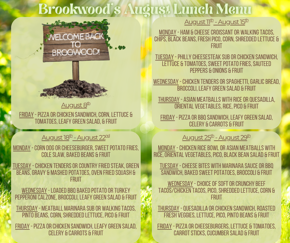Brookwood's August Lunch Menu