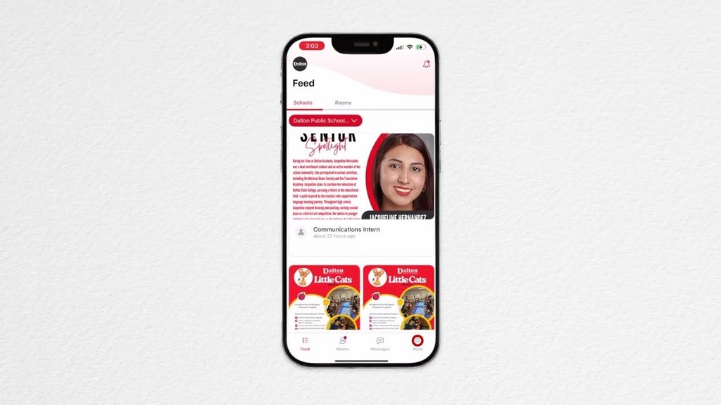 Picture of an iPhone with a news feed from Rooms