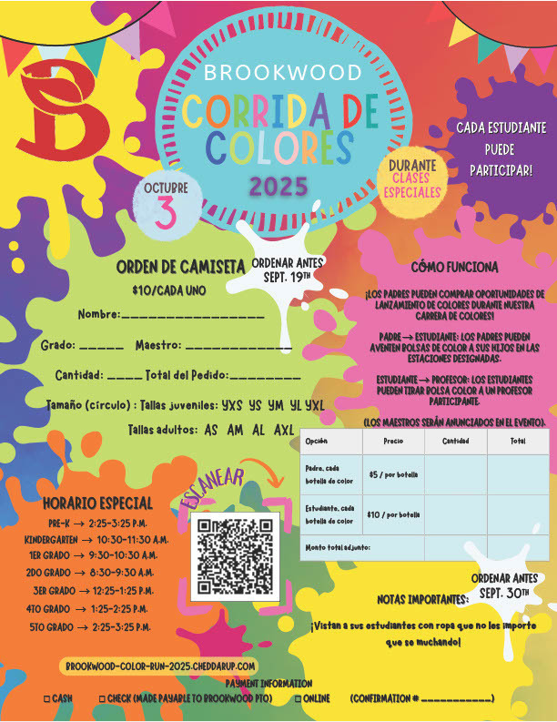 Brookwood PTO Color Run T shirt order form