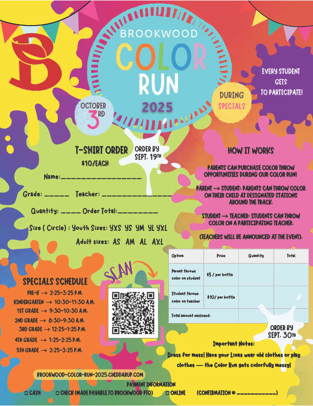Brookwood PTO Color Run T shirt order form