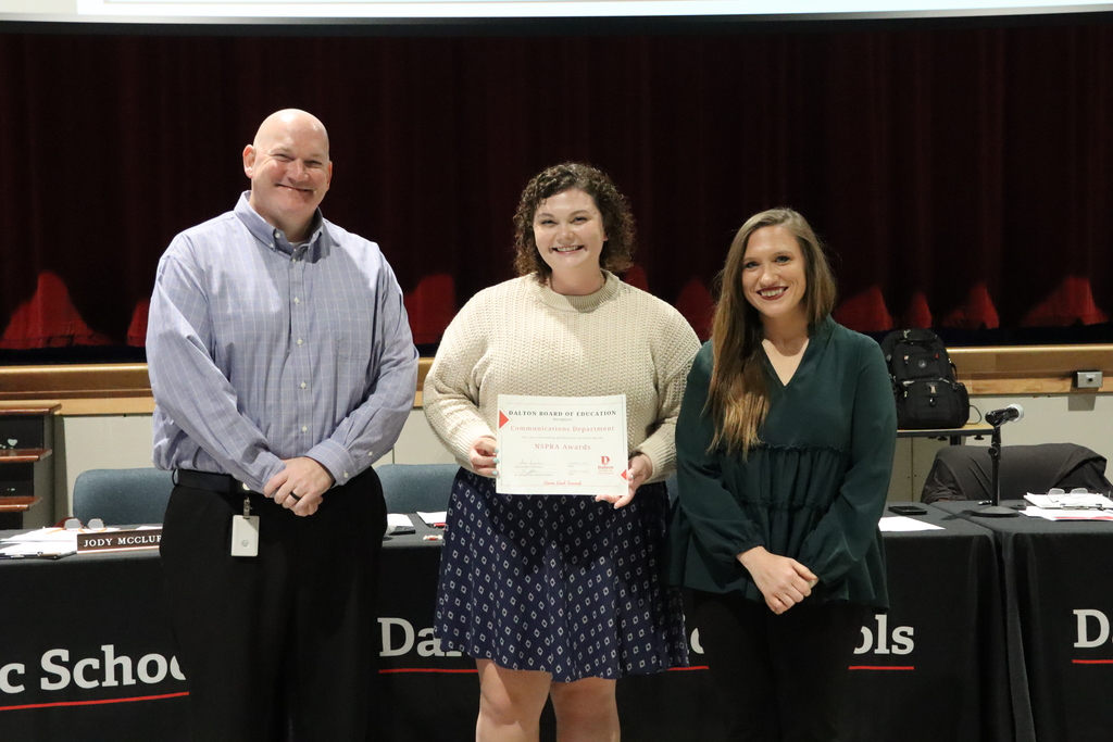 During the October 13 Board of Education meeting, the Dalton Board of Education celebrated several outstanding achievements across the district. The Board recognized Blue Ridge School for receiving the PBIS Distinguished Award, the Dalton High School Theatre Program for being selected for the Fox Theatre’s 2025–26 All-Access Pass Program, and the Dalton Public Schools Communications Department for earning NSPRA Golden Achievement Awards.