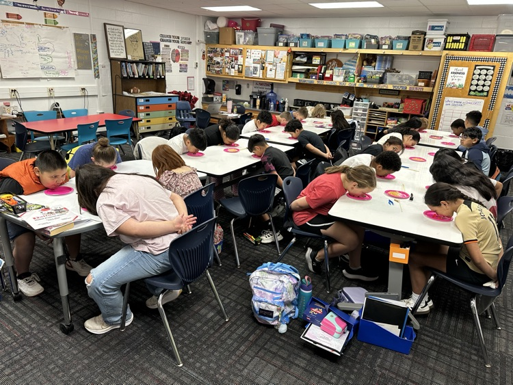 Students trying to eat food from a plate with their mouth without using their hands