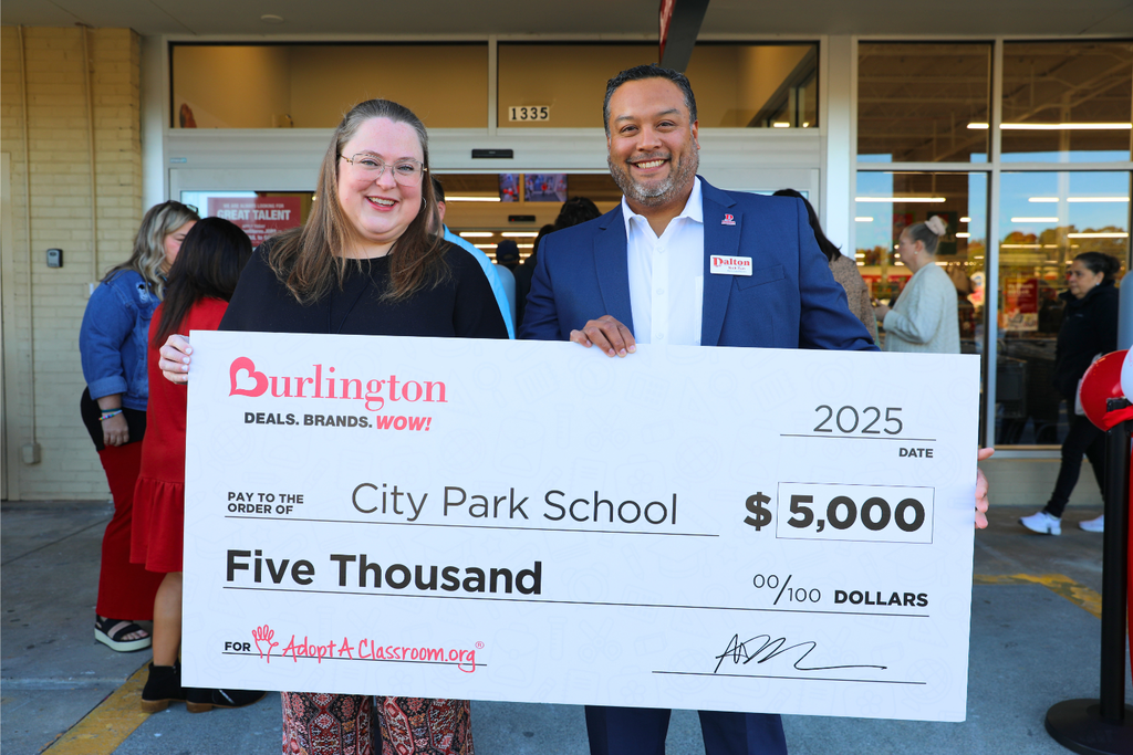 Dalton Public Schools is proud to welcome @Burlington to our community and honored that City Park School was selected to receive a $5,000 donation through @AdoptAClassroom as part of Burlington’s grand opening celebration.