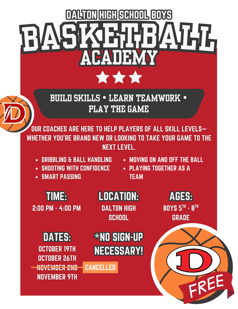 🏀 Update: Boys Basketball Academy The camp scheduled for this Sunday, November 2nd has been cancelled. We’ll resume as planned on Sunday, November 9th from 2:00–4:00 PM at Dalton High School. Thank you for your understanding — we look forward to seeing everyone back on the court next week!