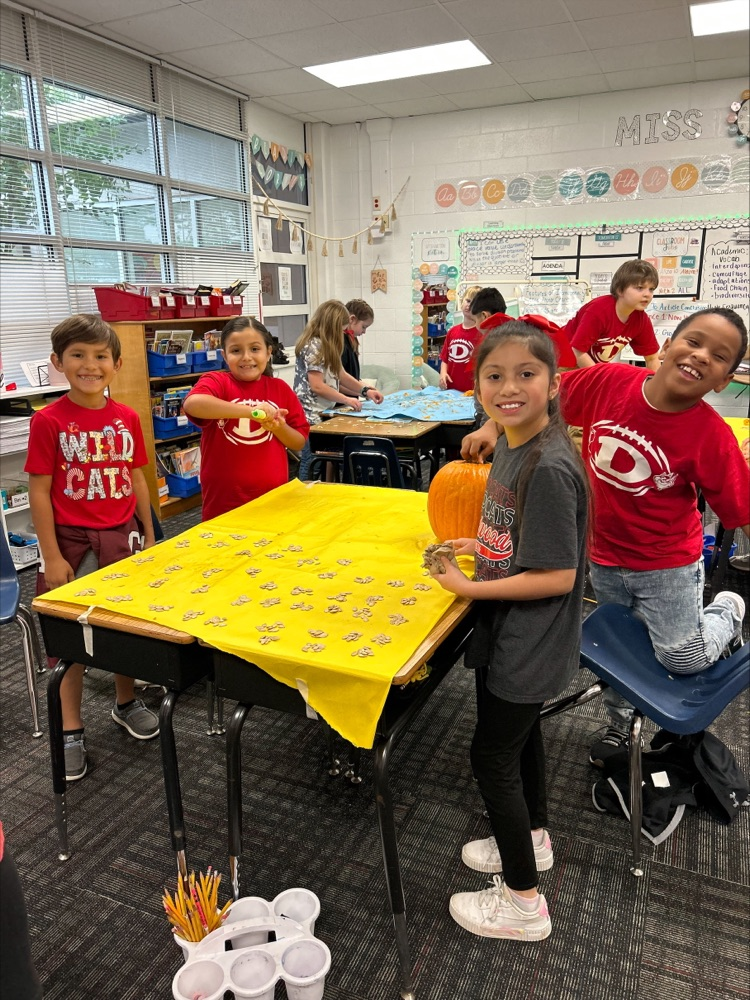 Students showing how they divided the pumpkin seeds 