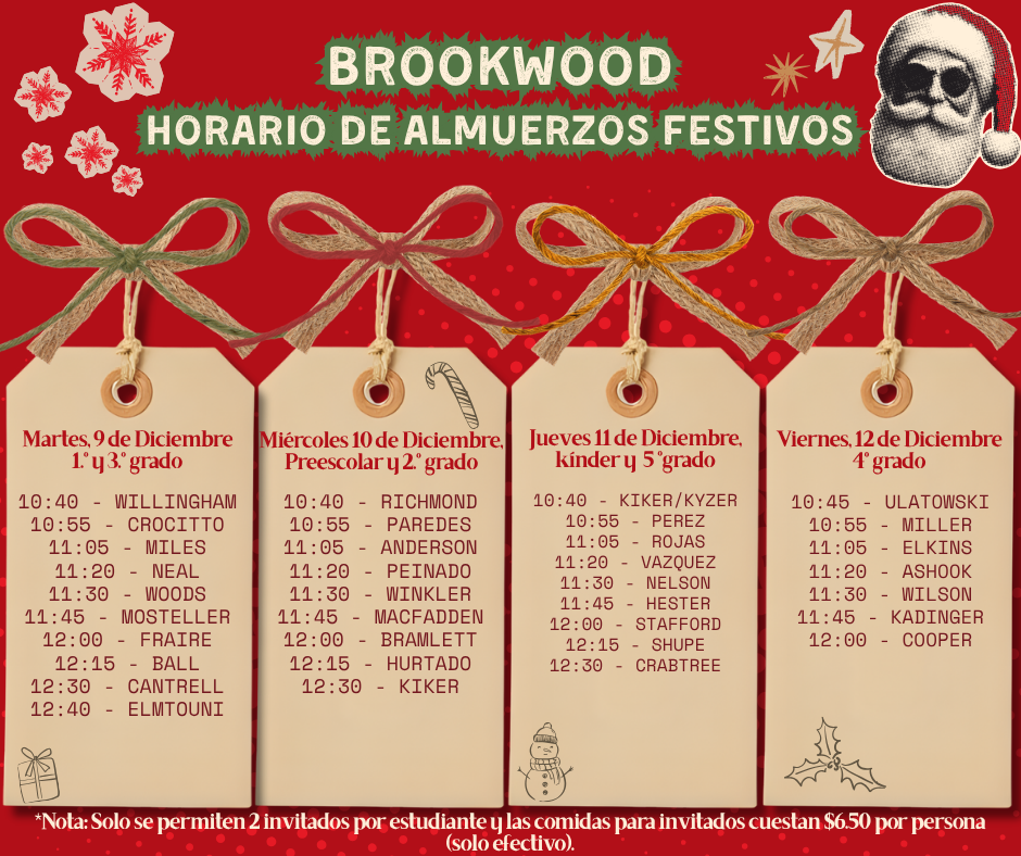 Brookwood's Holiday Lunch Schedule