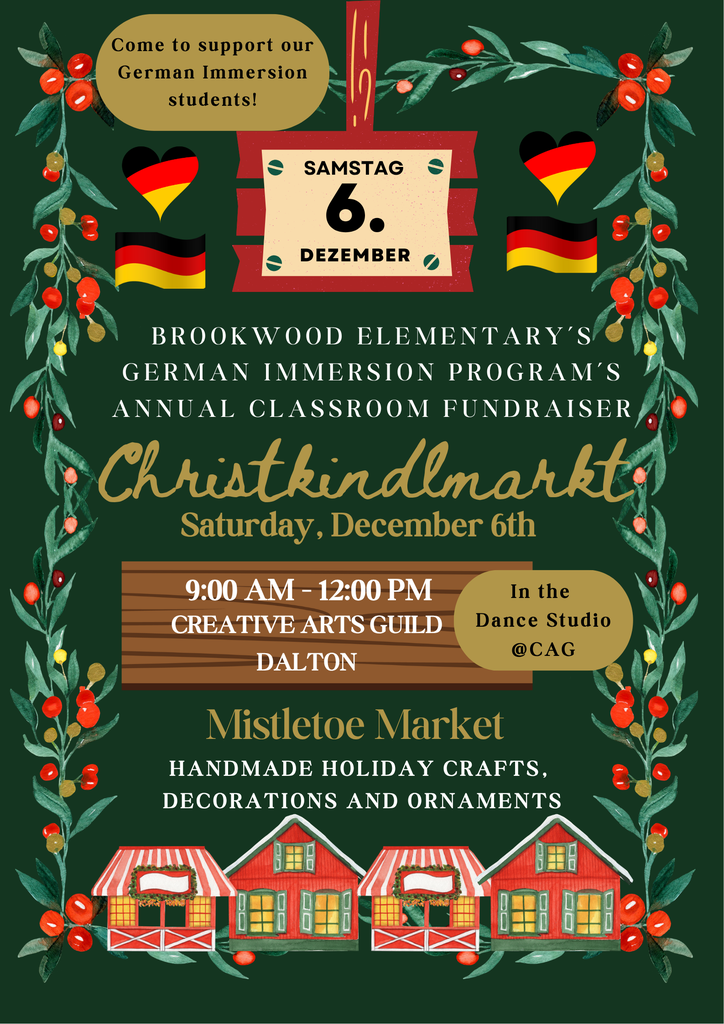 Christkindlmarkt is coming up! Our German Dual Language Immersion students will be selling holiday crafts, decorations, and ornaments from 9am - 12pm at the Creative Arts Guild this Saturday, December 6th