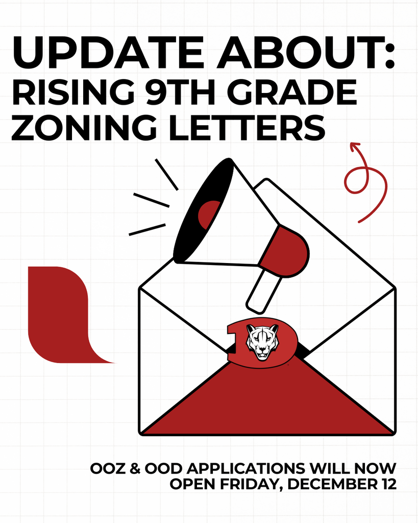 A graphic with bold text at the top that reads “Update About: Rising 9th Grade Zoning Letters.” Below the text is an illustration of an open red-and-white envelope with the Dalton tiger logo on the flap. A megaphone is coming out of the envelope, suggesting an announcement. Decorative red shapes and arrows appear around the graphic. At the bottom, text reads “OOZ & OOD applications will now open Friday, December 12.”