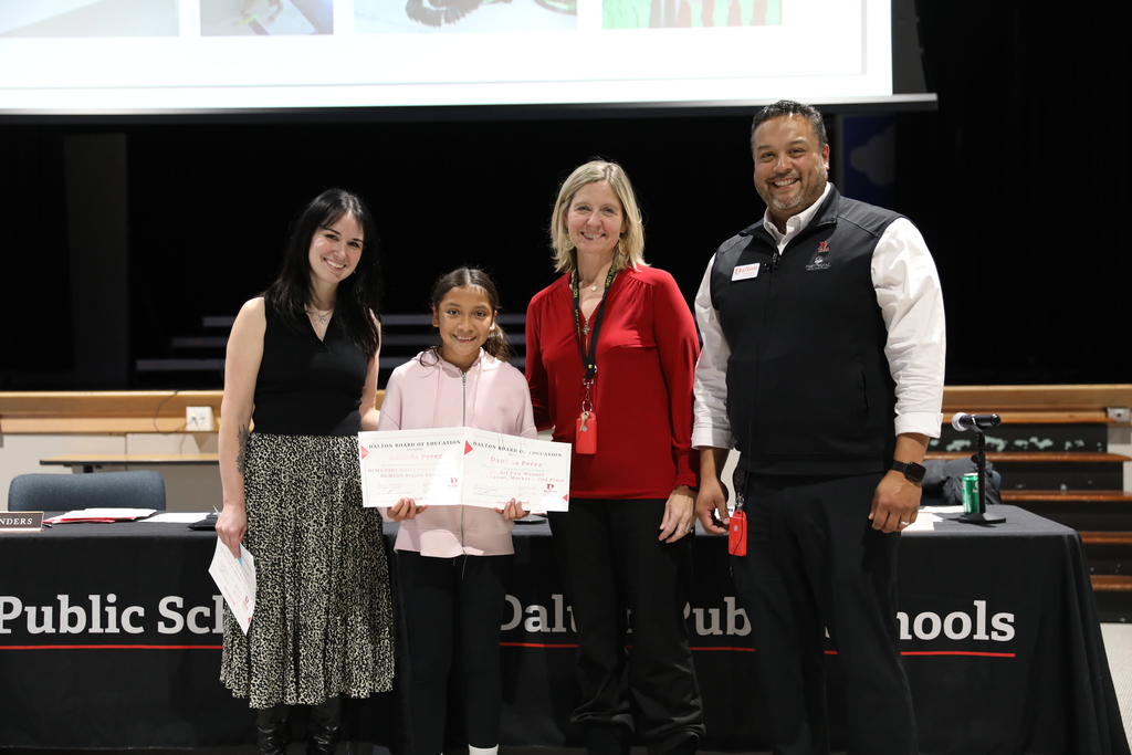 During the December 8 Board of Education meeting, the Dalton Board of Education celebrated outstanding student achievements and athletic excellence across the district. The Board recognized the Dalton High School Varsity Volleyball Team for qualifying for the state playoffs; the Hammond Creek Middle School / Dalton Junior High School Boys Golf Team for earning the title of BGMSAA Region Champions; and the HCMS/DJHS JV Volleyball Team, the HCMS/DJHS Boys Cross Country Team, and the HCMS/DJHS Girls Cross Country Team for finishing as BGMSAA Region Runner-Up in their respective sports. The Board also honored the Dalton High School Cross Country Team for being named NGXCL League Champions, with one athlete placing 8th at Region. In addition, the Board recognized the Hammond Creek Middle School 6th Grade Football Team and the Dalton Junior High School 8th Grade Football Team for finishing as State Finalists, and celebrated the Hammond Creek Middle School 7th Grade Football Team for becoming State Champions. The Dalton High School Football Team was recognized as a State Playoffs Qualifier. The Dalton High School One Act Competition Team was also honored for earning the Best Set Award and placing 4th Overall. The Board further recognized students featured in the Hartsfield–Jackson Atlanta International Airport Youth Art Gallery – World Cup Edition, as well as the talented artists named as 2025 District Art Fair Winners. The Board congratulates all students, teams, and artists for their remarkable accomplishments and their commitment to excellence in Dalton Public Schools.