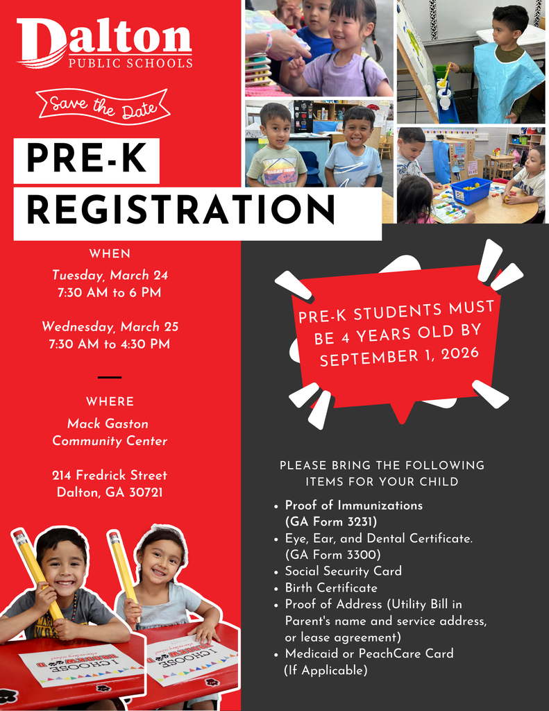 🧒📚 Pre-K Registration is Coming! Join Dalton Public Schools for Pre-K Registration: 📅 March 24 & March 25 📍 Mack Gaston Community Center ✔️ Children must be 4 years old by September 1, 2026 ✔️ Bring required documents for registration