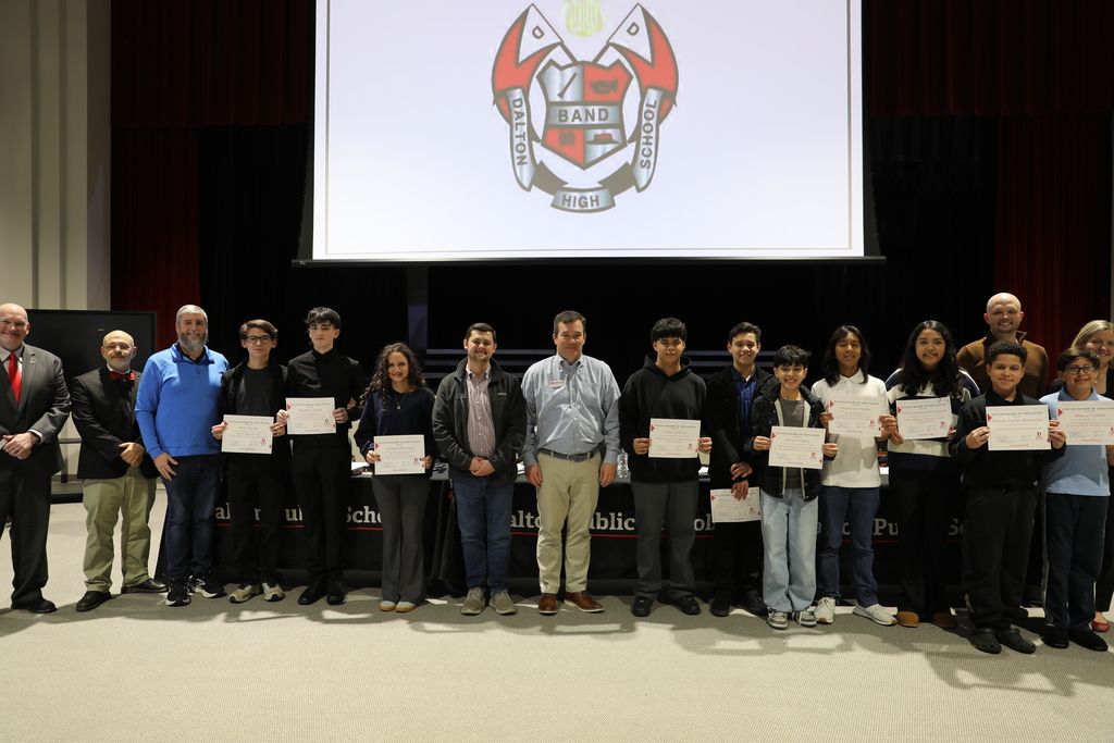 During the January 12 Board of Education meeting, the Dalton Board of Education celebrated outstanding student achievement and school accomplishments across the district.  The Board recognized Middle School and High School District Honor Band students for their excellence in music, Park Creek School for earning Clean 13 Report recognition, The Dalton Academy Raiders for successfully hosting their first-ever competition, and the Dalton High School Competition Cheer Team for their achievements in athletics.  The Board congratulates all honorees for their dedication, leadership, and commitment to excellence in Dalton Public Schools!