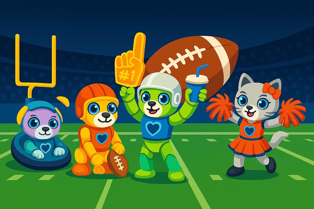 Picture of football field with three cartoon bears dressed in football gear and a cat dressed as a cheerleader