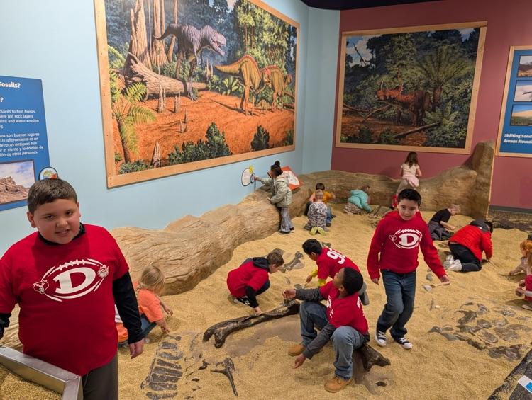 Students looking for fossils in the sand 