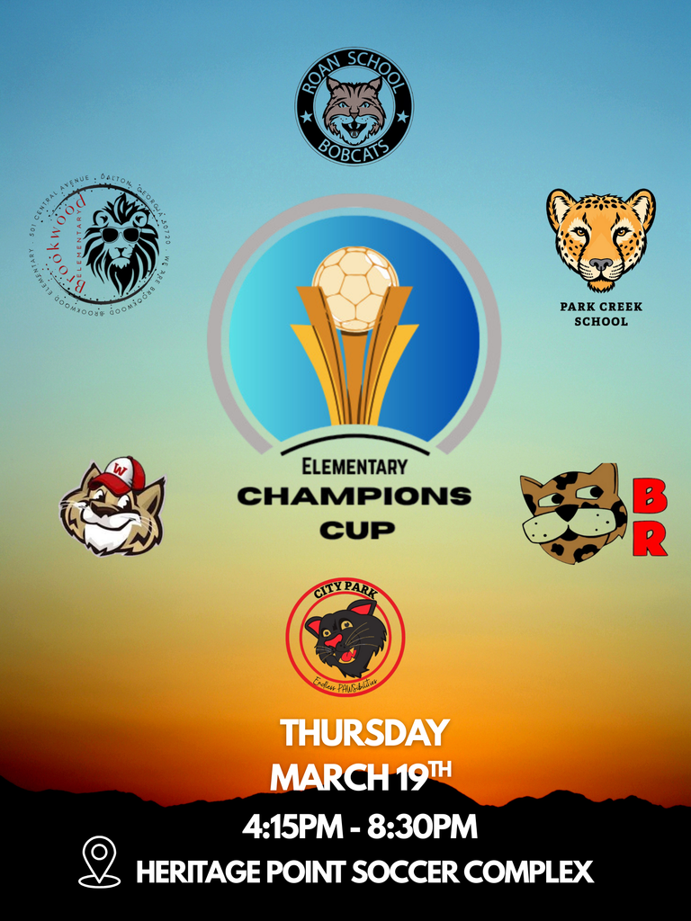 Flyer with school mascots The Elementary Championship Cup is happening Thursday, March 19th from 4:15 PM – 8:30 PM!