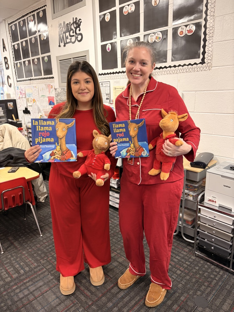 Second grade teachers dressing up as Llama Llama red pajamas character 