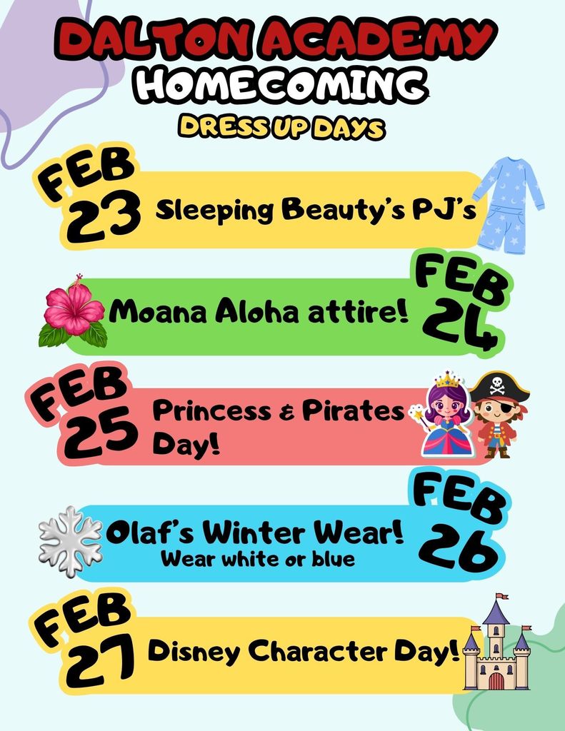 Dalton Academy Homecoming Dress Up Days Flyer-English