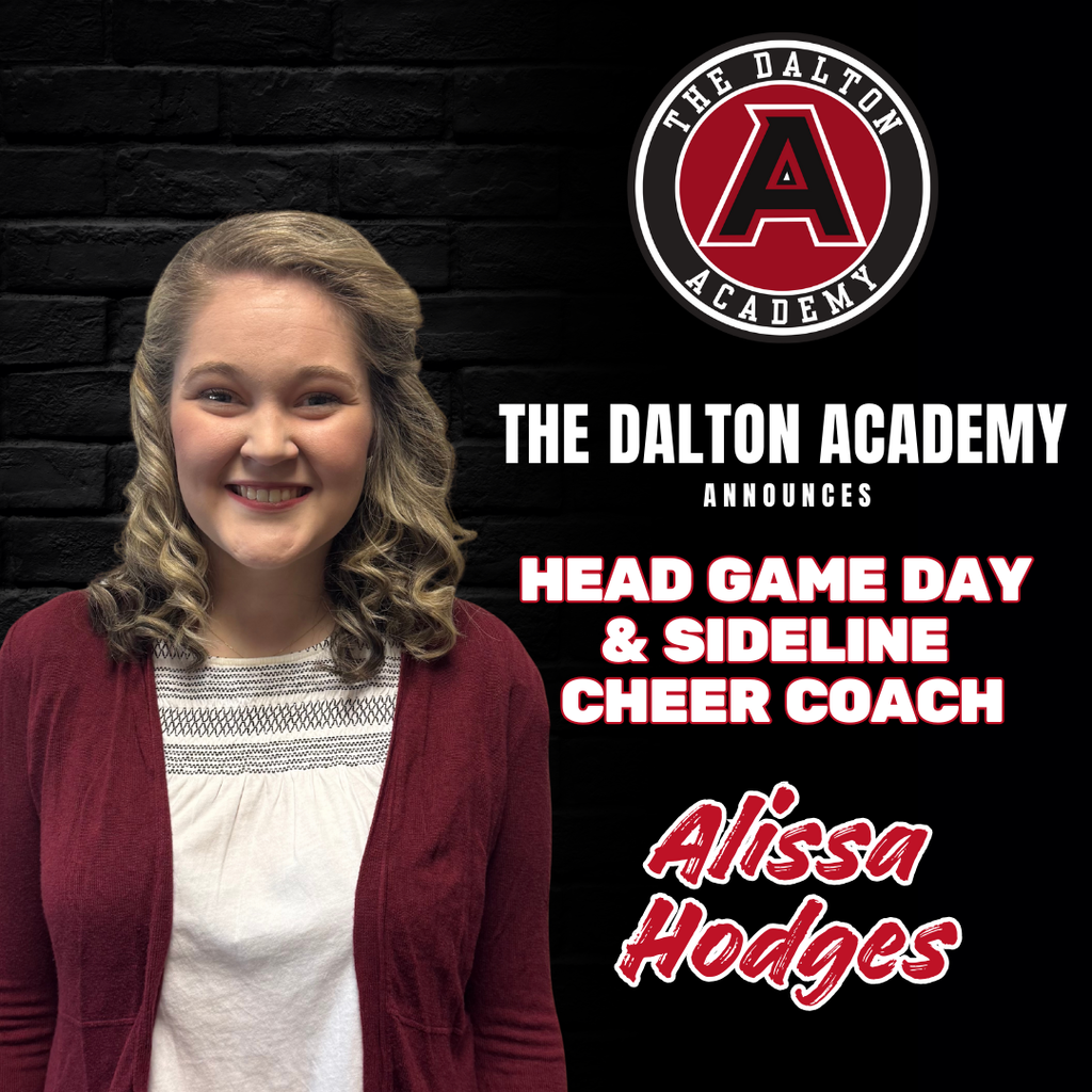 Promotional graphic announcing Alissa Hodges as Head Game Day & Sideline Cheer Coach at The Dalton Academy. On the left, a smiling young woman with shoulder-length curled blonde hair wears a maroon cardigan over a cream blouse, standing against a dark brick background. On the right, The Dalton Academy circular logo appears above bold white and red text reading “The Dalton Academy Announces Head Game Day & Sideline Cheer Coach” with “Alissa Hodges” displayed prominently in red script at the bottom.