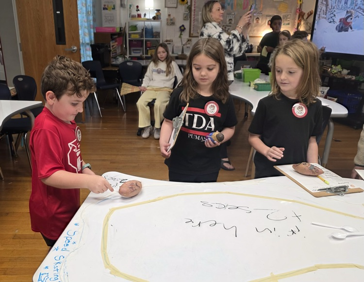 Second graders working together with a potato 