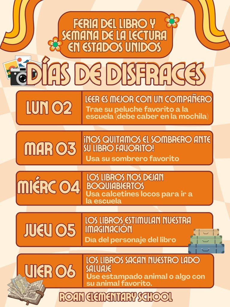 A graphic showing the dress up days in Spanish for the Book Fair next week.