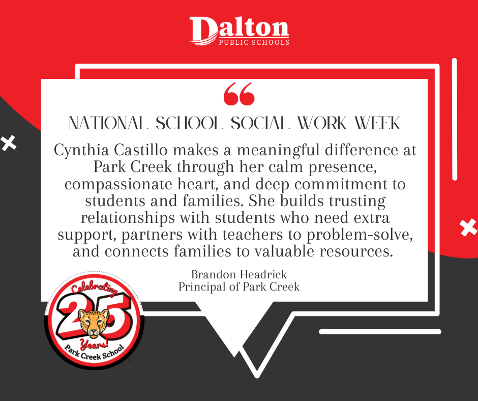 School Social Work Week | March 1–7, 2026 ✨  Our school social workers make a powerful difference every day—connecting students and families to resources, providing compassionate support, and helping remove barriers to learning.  We asked our school leaders to share how their social workers support their school communities. Here’s what they had to say 👇  "Cynthia Castillo makes a meaningful difference at Park Creek through her calm presence, compassionate heart, and deep commitment to students and families. She builds trusting relationships with students who need extra support, partners with teachers to problem-solve, and connects families to valuable resources. Because of her dedication, students feel safe and valued, staff feel supported, and our school culture reflects the belonging and care we strive to live out each day." -Brandon Headrick, Principal of Park Creek