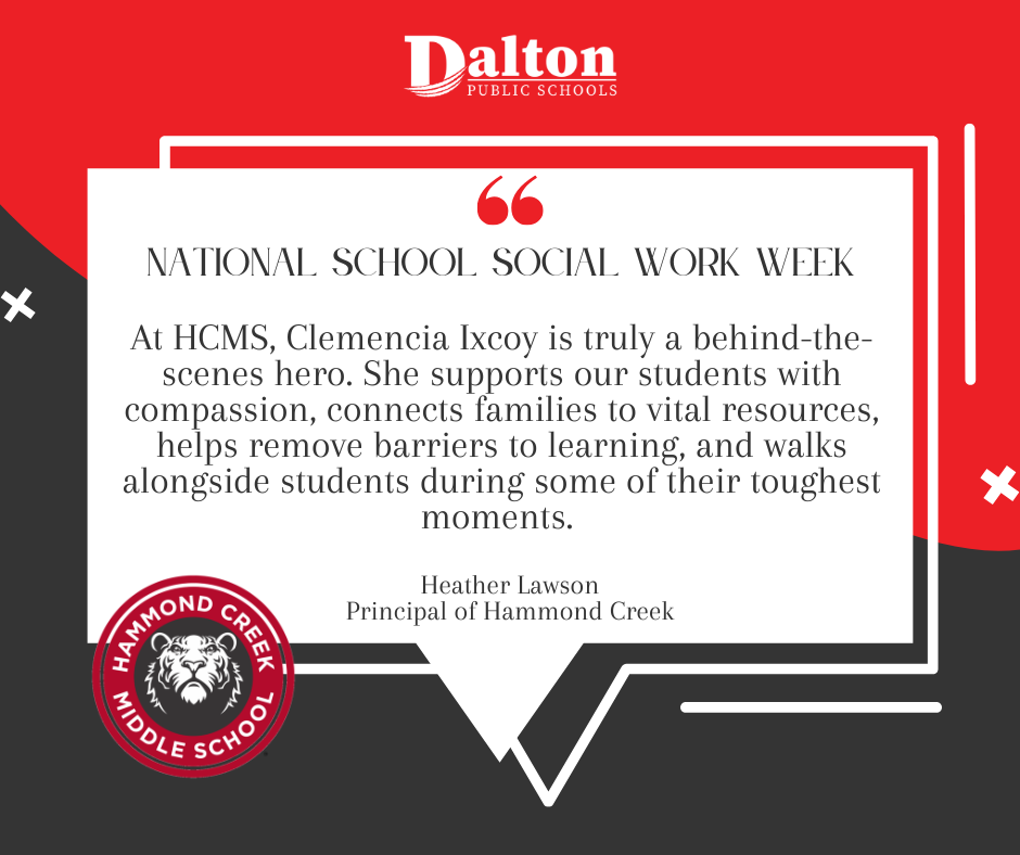 School Social Work Week | March 1–7, 2026 ✨  Our school social workers make a powerful difference every day—connecting students and families to resources, providing compassionate support, and helping remove barriers to learning.  We asked our school leaders to share how their social workers support their school communities. Here’s what they had to say 👇  "At HCMS, Clemencia Ixcoy is truly a behind-the-scenes hero. She supports our students with compassion, connects families to vital resources, helps remove barriers to learning, and walks alongside students during some of their toughest moments. Whether she’s checking in, problem-solving, advocating, or simply listening, she makes a lasting difference in the lives of our students and school community every single day. We are so grateful for the care, dedication, and heart she brings to HCMS!" -Heather Lawson, Principal of Hammond Creek
