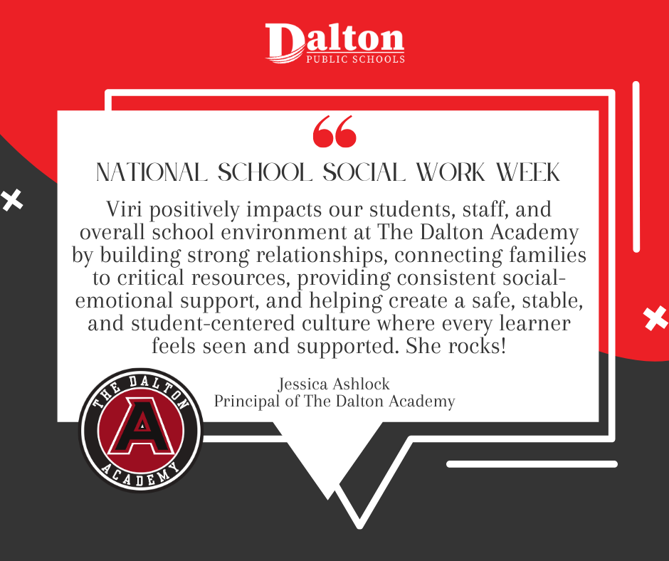 School Social Work Week | March 1–7, 2026 ✨  Our school social workers make a powerful difference every day—connecting students and families to resources, providing compassionate support, and helping remove barriers to learning.  We asked our school leaders to share how their social workers support their school communities. Here’s what they had to say 👇  "Viri positively impacts our students, staff, and overall school environment at The Dalton Academy by building strong relationships, connecting families to critical resources, providing consistent social-emotional support, and helping create a safe, stable, and student-centered culture where every learner feels seen and supported. She rocks!" -Jessica Ashlock, Principal of The Dalton Academy